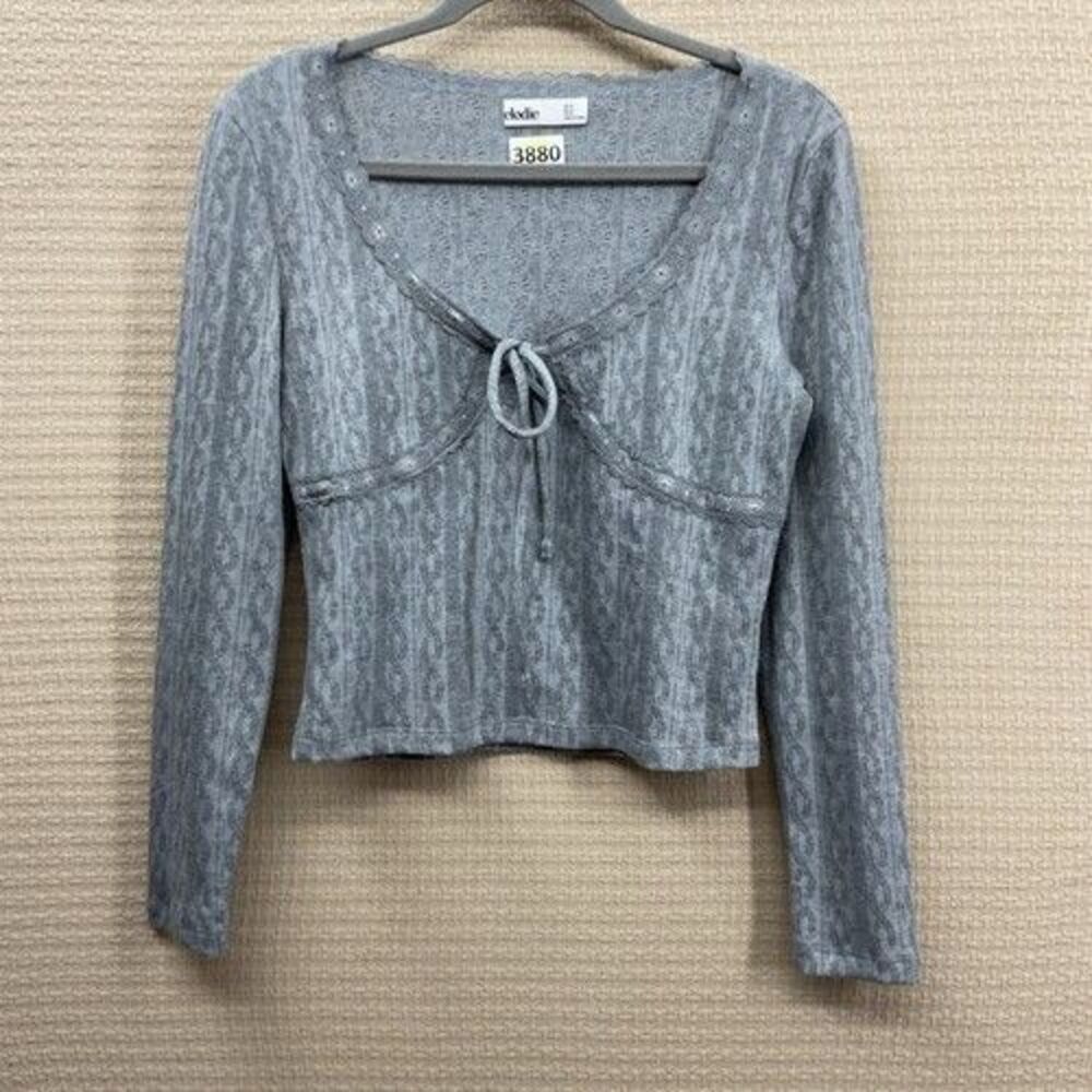 NWOT Elodie Gray Lace Trim Long Sleeve‎ Tie Front Blouse Top Women Size M